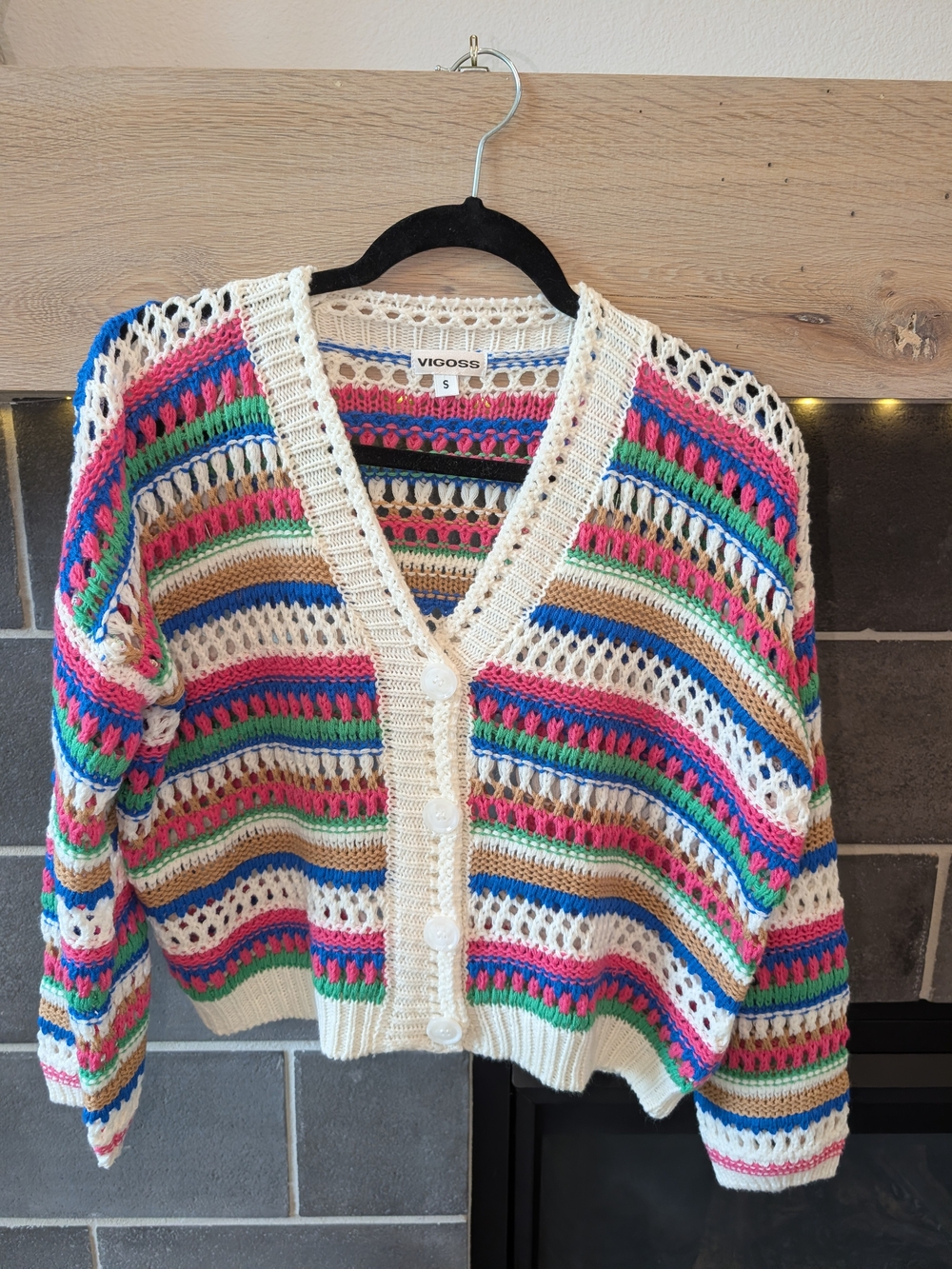 Vigoss Cream Open-Knit Cardigan with Multicolor Stripes